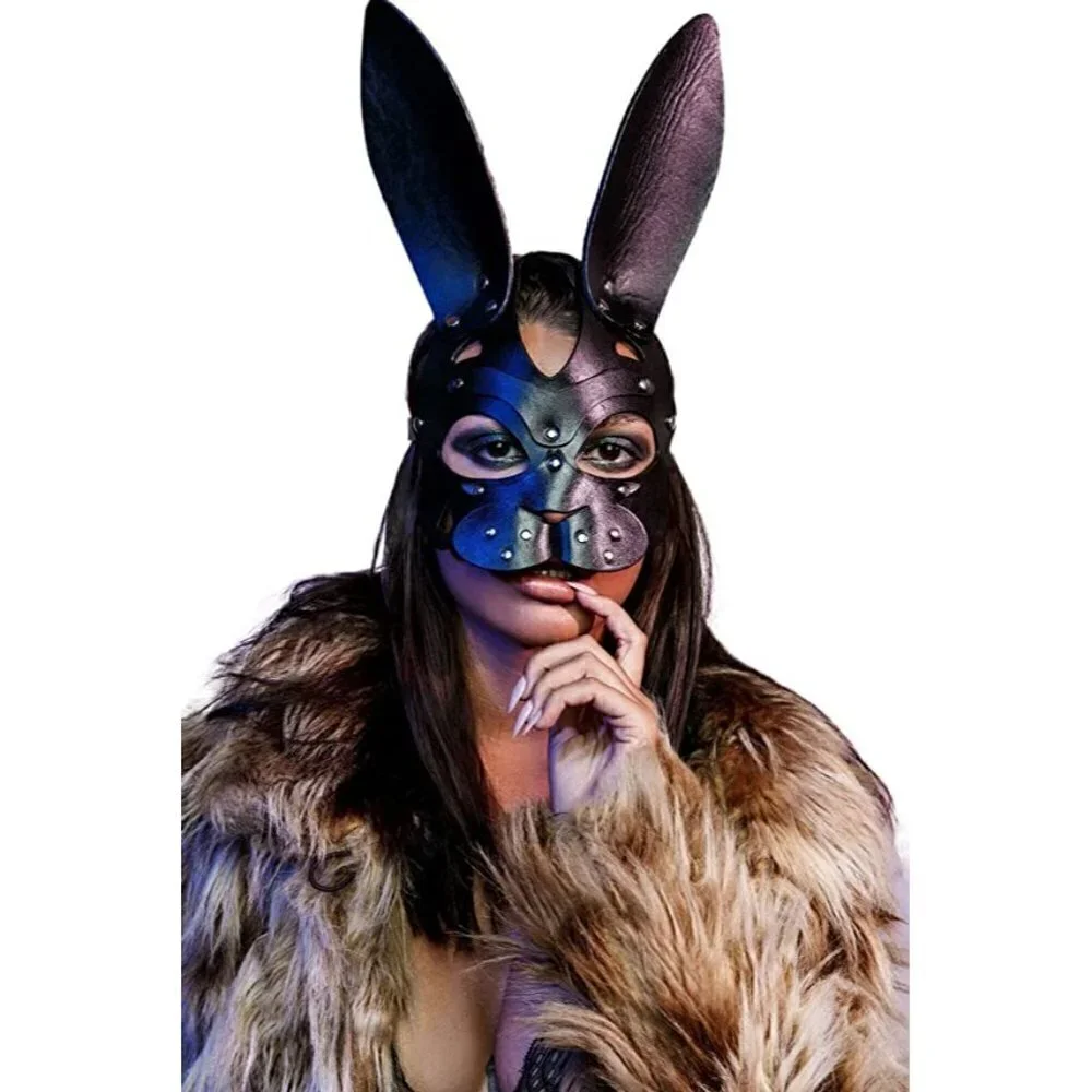 𝅺BLACK Leather Fetish Masquerade Face Mask Slave Bondage BDSM Costume Cosplay